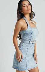 Izolda Mini Dress - Halter Neck Belted Bodycon Denim Dress in Light Blue Acid Wash