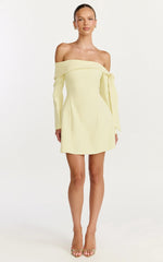 Eljay Mini Dress - Long Sleeve Off Shoulder Knot Detail Dress in Lemon