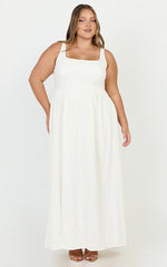 Rhaziya Midi Dress - Sleeveless Straight Neck Fit and Flare Dress in White