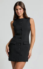 Yasmine Mini Dress - Button Down Boucle Dress in Black