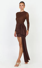 Jasmine Mini Dress - Long Sleeve Draped Skirt Overlay Dress in Chocolate