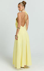Violetta Maxi Dress - Backless Linen Look Hater Neck Dress in Lemon