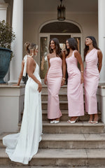 Benita Midi Dress - Scoop Neck Ruched Fitted Dress in Pink