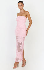 Sienna Midi Dress - Strapless Floral Embroidered Bodycon Dress in Pink