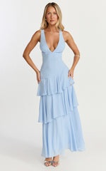 Beryl Midi Dress - Deep V Neck Sleeveless Layered Dress in Blue