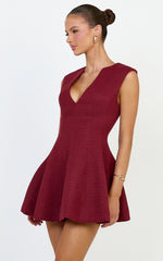 Nelson Mini Dress - Low Cut Boucle Fit & Flare Mini Dress in Wine