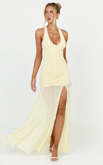 Kori Maxi Dress - Ruched Halterneck Mesh Dress With Racer Back in Lemon