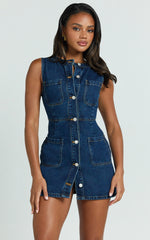 Stephanie Mini Dress - Scoop Neck Pocket Detail Recycled Denim Dress in Indigo Wash