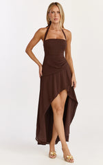 Penelope Maxi Dress - Halter Tie Back Neck Dropped Asymmetric Fit And Flare Dress in Chocolate