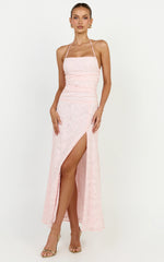 Seraphina Midi Dress - Gathered Bodice Halter Clipped Jacquard Dress in Pink