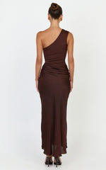 Astrid Midi Dress - One Shoulder Contrast Satin Dress in Chocolate