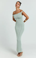 Isabel Midi Dress - Twist Off Shoulder Bodycon Dress in Sage