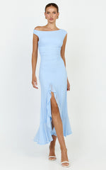 Judee Midi Dress - One Shoulder High Side Split Dress in Light Blue