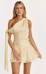 Giselle Mini Dress - Asymmetrical One Shoulder Tie Detail Dress in Lemon