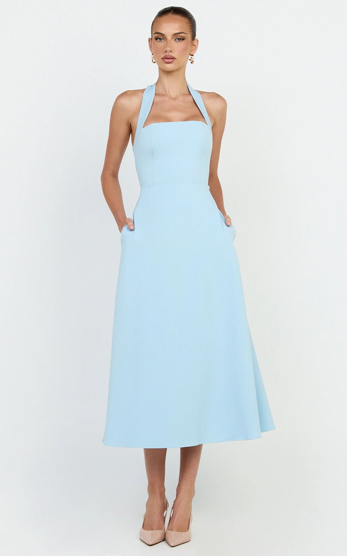 Karissa Midi Dress - Halter Neck Fitted Bodice Midi Soft A Line Skirt Dress in Pale Blue