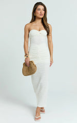 Francine Midi Dress - Strapless Twist Sheer Textured Jersey Dress in Cream