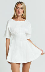 Dylan Mini Dress - High Boatneck Sleeved Fit And Flare Skirt Dress in White