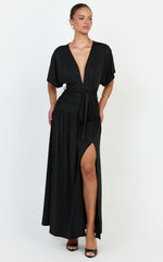 Liana Maxi Dress - Wide Sleeve Tie Waist Maxi Dress in Black