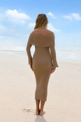 Caramel Kiss Knit Strapless Long Sleeve Maxi Dress Mocha