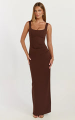 Stormi Maxi Dress - Balconette Bodice Side Split Dress in Chocolate