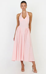 Athena Midi Dress - Halter Drop Waist Dress in Pink