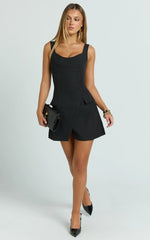 Rachel Mini Dress - Square Scoop Neck Buckle Pocket Leg Split Knee Length Dress in Black