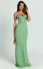 Jameela Maxi Dress - Strappy Sweetheart Neck Gathered Tie Back Dress in Green