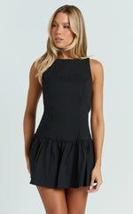 Izira Mini Dress - Boat Neck Drop Waist Shift Dress in Black
