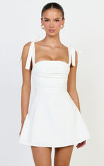 Inez Mini Dress - Gathered Bust A Line Shoulder Tie Dress in White