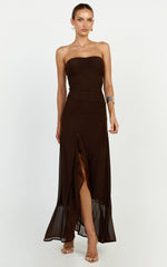 Oceana Maxi Dress - Strapless Sweetheart Neckline Mesh Dress in Chocolate