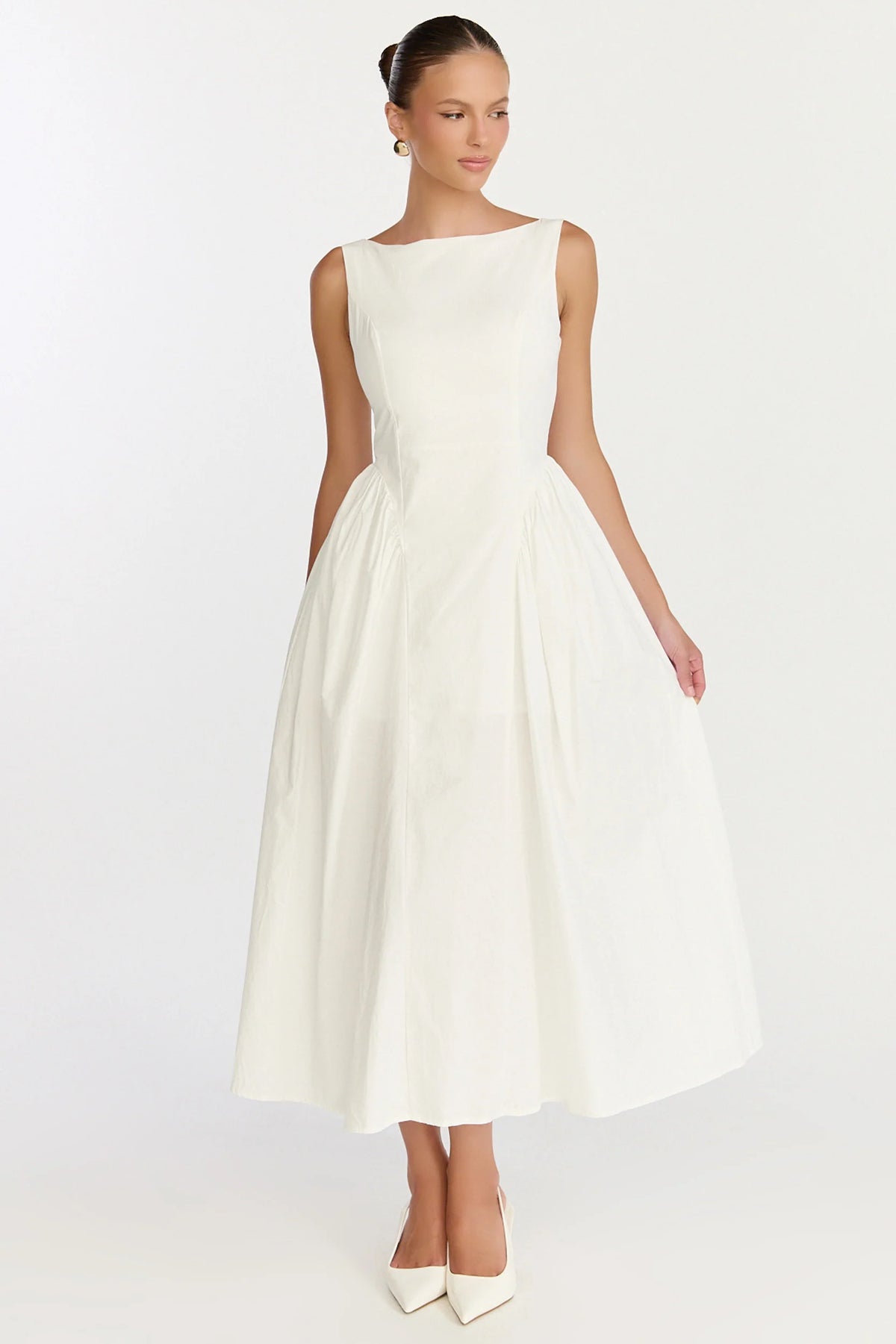 Casina Midi Dress - Boat Neck Tie Back Fit And Flare Dress in Off White