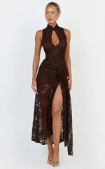 Nyla Midi Dress - Collared Keyhole Hip Tie Dress in Chocolate