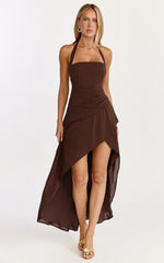 Penelope Maxi Dress - Halter Tie Back Neck Dropped Asymmetric Fit And Flare Dress in Chocolate