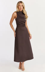 Macy Midi Dress - High Neck A Line Dress in Chocolate