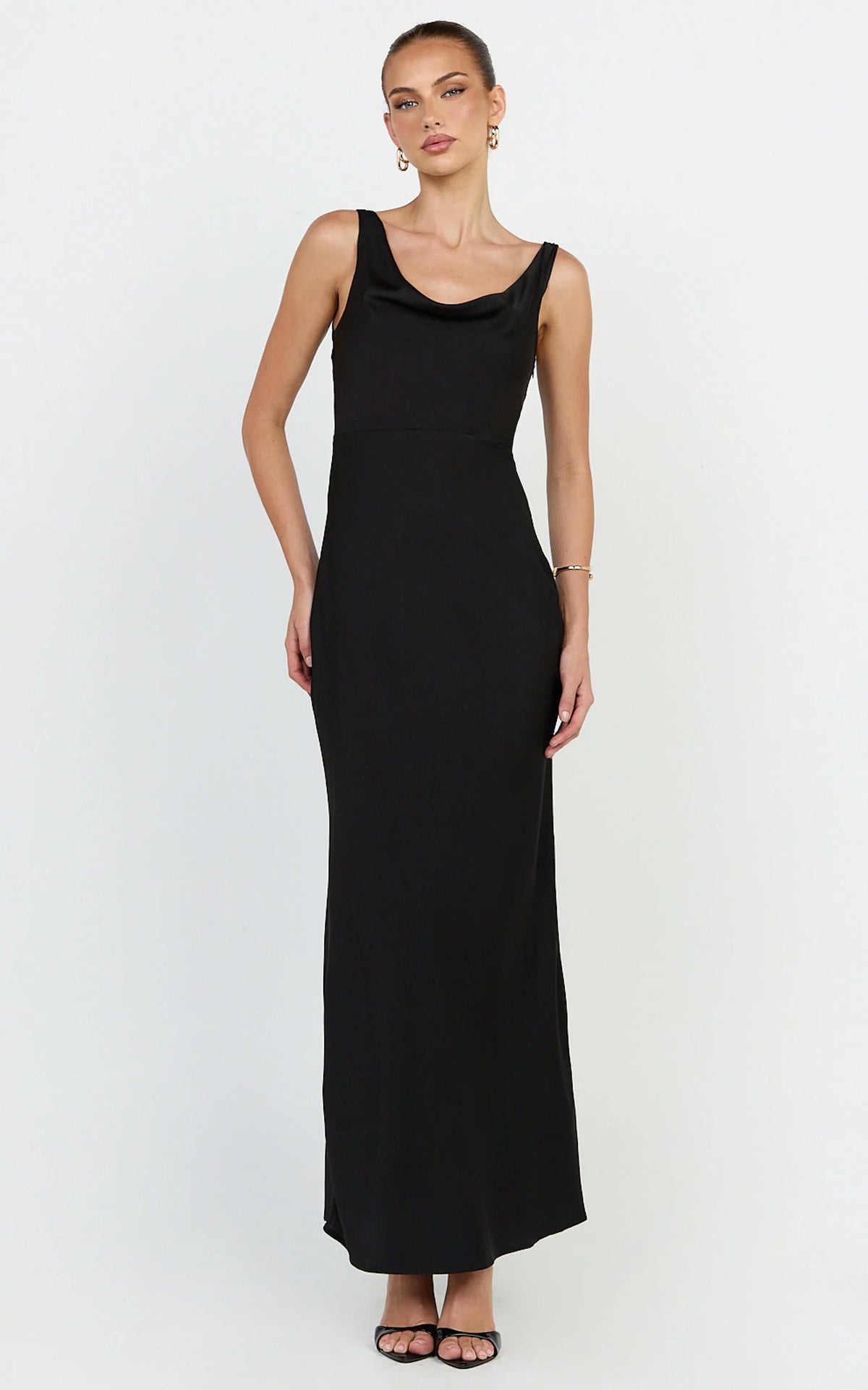 Harlow Maxi Dress - Cowl Neck Scooped Back Slip Dress in Black