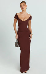 Veronika Maxi Dress - Off Shoulder Plunge High Split Dress in Chocolate