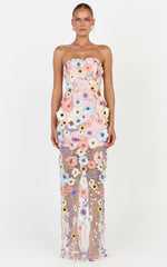 Sienna Maxi Dress - 3D Floral Strapless Column Dress in Multi