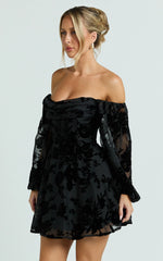 Jessell Mini Dress - Long Sleeve Cowl Corset Dress in Ebony Burnout