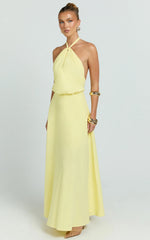 Violetta Maxi Dress - Backless Linen Look Hater Neck Dress in Lemon