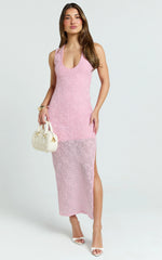 Eira Midi Dress - Jacquard Plunge Bodycon Dress in Pink