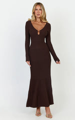 Maris Midi Dress - Keyhole and Hardware Neckline Long Sleeve Flared Dress in Choc