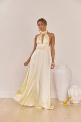 Hour Of Love Satin Halter Maxi Dress Yellow