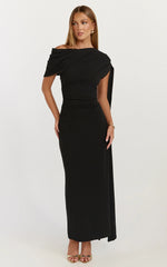 Visenta Midi Dress - Asymmetrical Sleeve Dress in Black