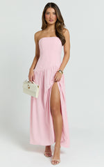 Nadiane Midi Dress - Strapless Asymmetric Drop Waist Dress in Pink