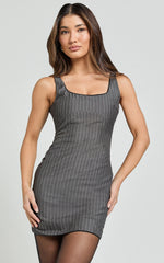 Tracey Mini Dress - Scoop Neck Bodycon Detailed Hem Dress in Charcoal Pinstripe