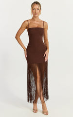 Evie Maxi Dress - Crepe Fringed Shift Dress in Chocolate