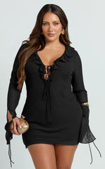 Alesya Mini Dress - Ruffle Plunge Neck Long Sleeve Tie Detail Dress in Black