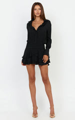 Reef Mini Dress - Long Sleeve Ruffle Skirt Shirt Dress in Black