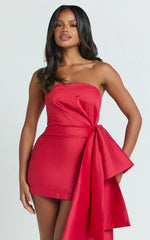 Jayce Mini Dress - Strapless Drape Dress in Red