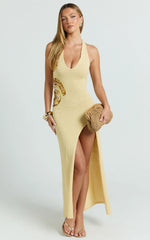 Solea Midi Dress - Knit Halter Neck Leg Split Embroidered Sequin Fitted Dress in Lemon